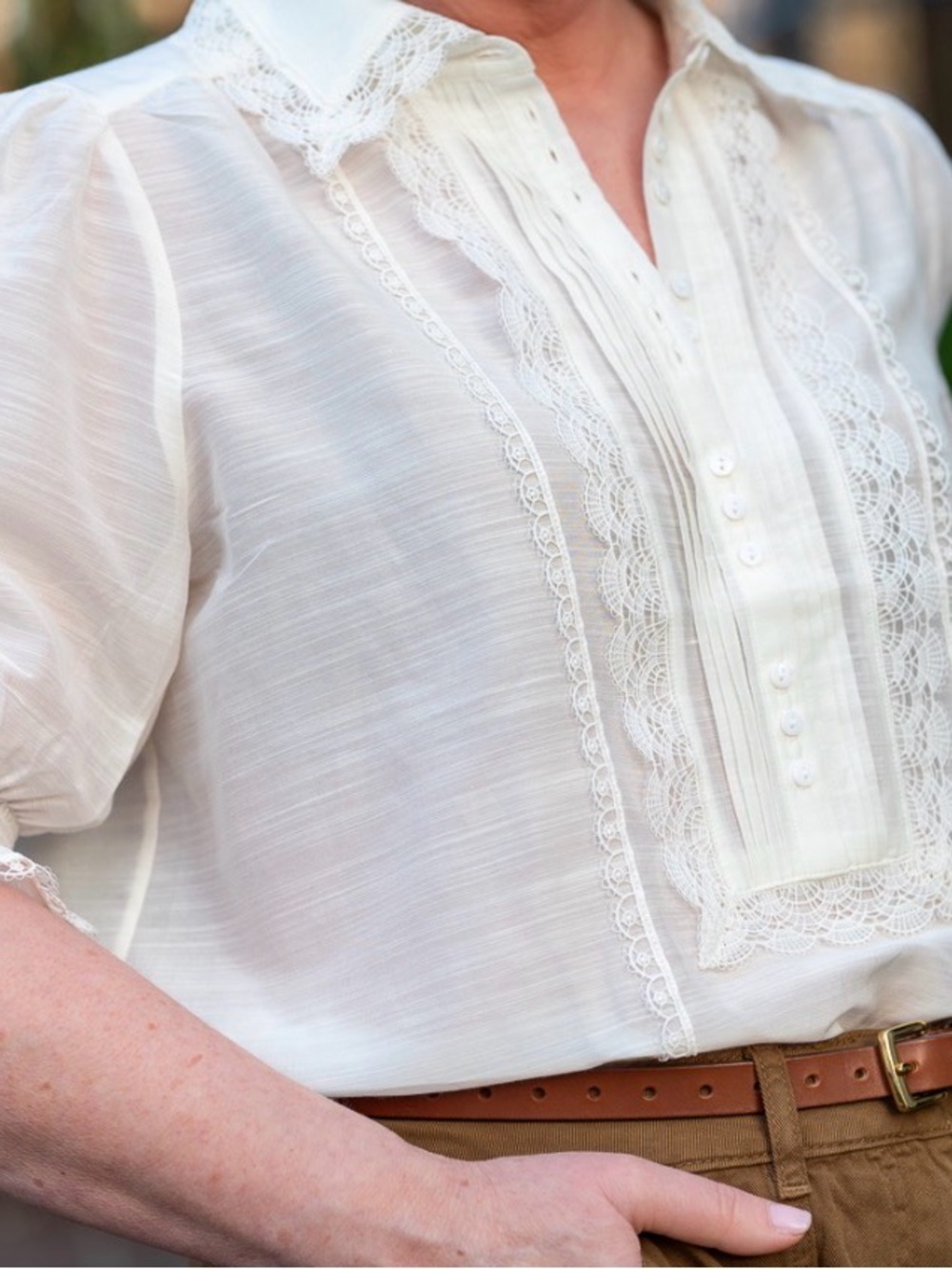 ME+EM White Lace-Trim Pintuck Blouse